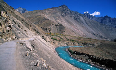 Barren mountains and blue skies in Spiti Valley