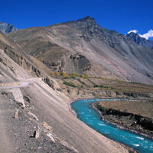Barren mountains and blue skies in Spiti Valley