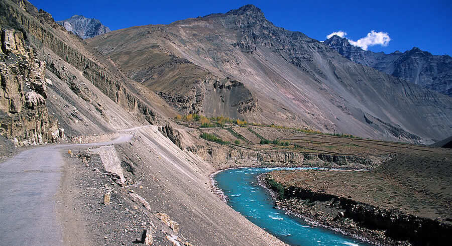 Barren mountains and blue skies in Spiti Valley