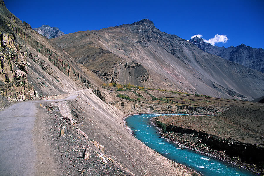 Barren mountains and blue skies in Spiti Valley