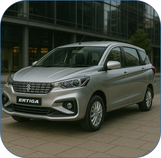 "Maruti Suzuki Ertiga MPV in a glossy silver finish, parked in a residential area, featuring its signature chrome grille, swept-back headlamps, and spacious 3-row design—ideal for families and urban commuting.