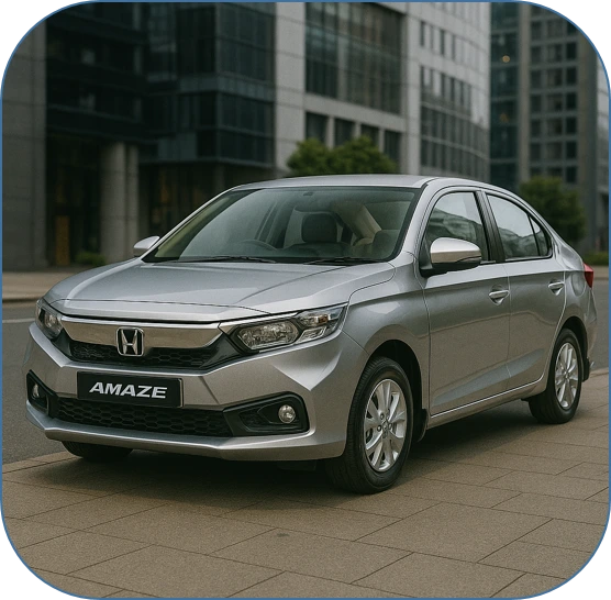 "Honda Amaze compact sedan in radiant red, parked on a clean urban road, showcasing its bold front grille, sleek LED headlamps, and smooth body lines—designed for comfort, efficiency, and modern city driving.