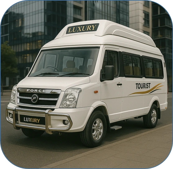 "Luxury Tempo Traveller by Force, finished in pearl white with stylish decals, parked near a resort entrance, featuring tinted panoramic windows, chrome accents, and a high-roof design—equipped with plush leather seats, ambient lighting, and premium interiors for comfortable group travel.