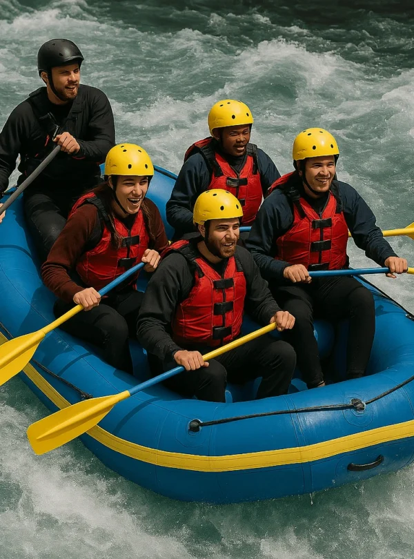 Group of adventurers white-water rafting in a bright inflatable raft, paddling through rough river rapids surrounded by rocky terrain and lush green hills, water splashing around as they navigate the thrilling, fast-moving current.