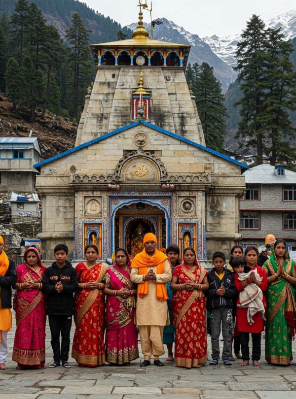 Devotees on a religious trip, walking together in a sacred pilgrimage site, with temples or holy shrines in the background—wearing modest clothing, some holding prayer beads, others lighting incense, immersed in the spiritual atmosphere of the journey.