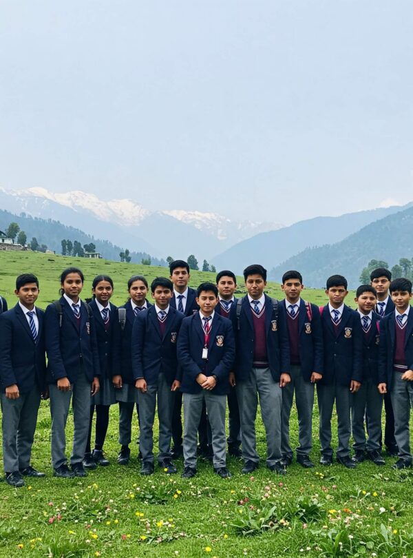 Group of excited students on a school trip, gathered in front of a historical monument, with their teacher guiding them—wearing school uniforms, holding notebooks and cameras, and enjoying an educational outing filled with curiosity and learning.