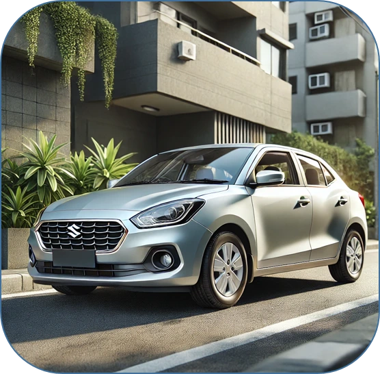 Maruti Suzuki Swift Dzire compact sedan in a sleek metallic silver finish, parked on a city street, showcasing its modern grille, sharp headlamps, and aerodynamic design.