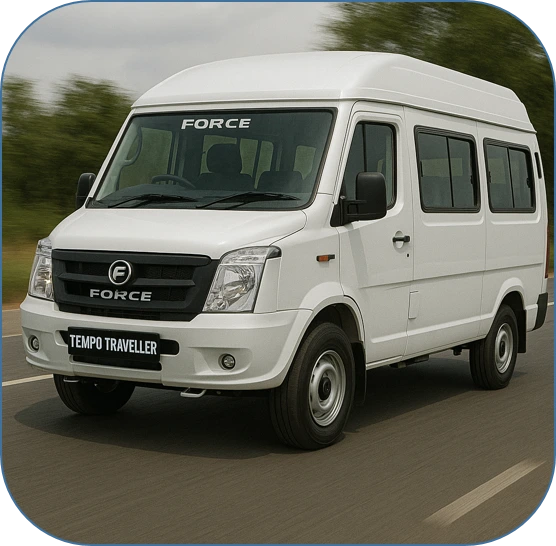 Force Tempo Traveller van in classic white, parked roadside, featuring its spacious high-roof design, large side windows, and sturdy body ideal for group travel, tours, or commercial transport.