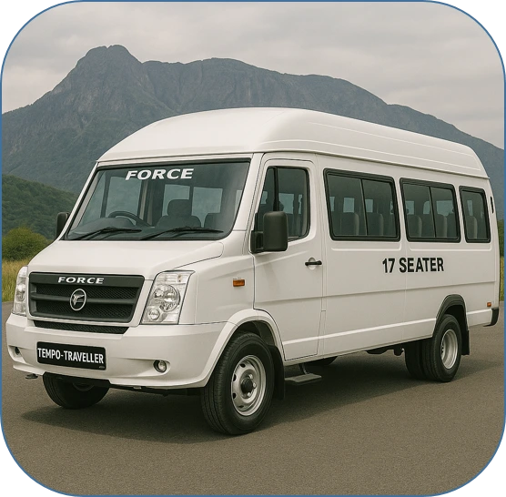 17-seater Force Tempo Traveller in white, parked on a highway, featuring a spacious high-roof design, large windows for maximum visibility, and sturdy build, ideal for group travel, tours, and family outings with comfortable seating arrangements and ample luggage space.
