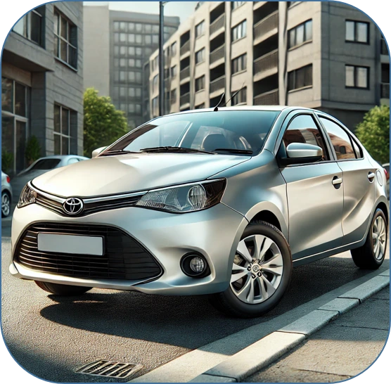 "Toyota Etios compact sedan in a glossy white color, parked outdoors, highlighting its bold front grille, smooth curves, and practical, family-friendly design.