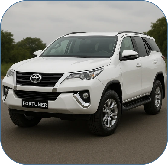 "Toyota Fortuner full-size SUV in a bold black finish, standing tall on rugged terrain, showcasing its muscular stance, LED headlamps, chrome-accented grille, and high ground clearance built for both luxury and off-road performance.