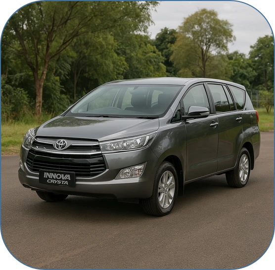 "Toyota Innova Crysta premium MPV in a deep maroon color, parked on a scenic highway, showcasing its bold chrome grille, sleek projector headlamps, and muscular body—designed for luxury, performance, and family comfort on long journeys.
