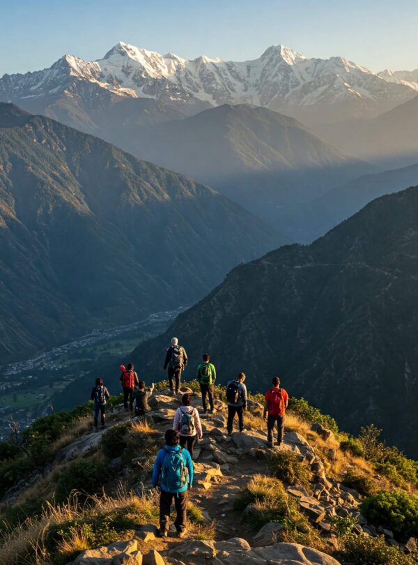 Group of friends on an exhilarating adventure trip, exploring a rugged mountain area, with backpacks on and faces filled with excitement—surrounded by towering peaks, rocky terrain, and a clear blue sky, embracing the thrill of nature and exploration.