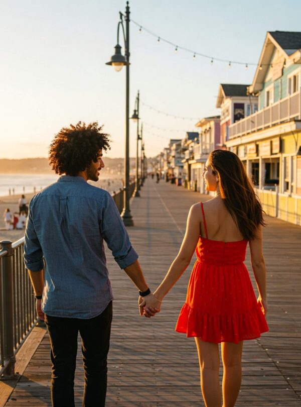 Couple enjoying a romantic getaway, walking hand-in-hand along a scenic coastal path, with breathtaking views of the ocean and golden sunset in the background—both smiling and soaking in the peaceful, intimate atmosphere of their adventure together.