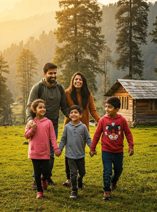 Happy family of five on a fun trip, laughing and posing together in front of a scenic mountain backdrop—parents and three children enjoying a moment of togetherness while exploring nature, with backpacks and cameras ready for new adventures.
