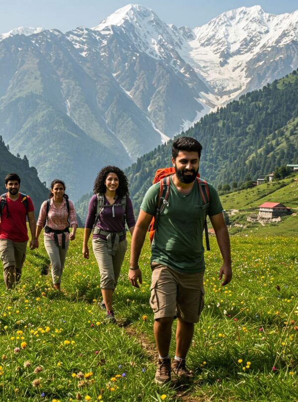 Excited group of friends enjoying a group trip, gathered together in front of a stunning landmark, smiling and taking photos—dressed casually for a day of sightseeing and adventure, with backpacks and travel gear, capturing the joy of shared exploration.