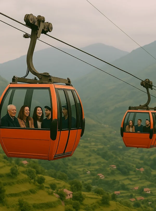 Colorful ropeway cable cars gliding above a lush green valley, suspended by thick steel cables between tall towers, offering panoramic views of surrounding mountains, forests, and distant towns—ideal for scenic travel and tourism in hilly regions.