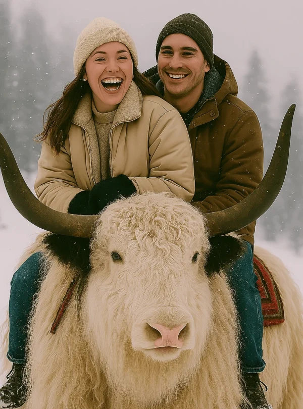 "Tourist riding a decorated yak near a high-altitude lake, with the yak adorned in colorful woolen accessories, bells, and embroidered saddle blankets, set against a stunning backdrop of snow-covered mountains and clear blue skies—capturing the charm of Himalayan adventure.