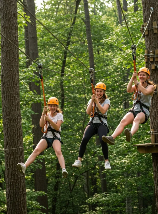 "Person zip lining across a deep forested valley, securely harnessed and gliding along a steel cable at high speed, with arms outstretched and an expression of excitement—surrounded by lush green trees, cliffs, and open sky, capturing the thrill of adventure sports.